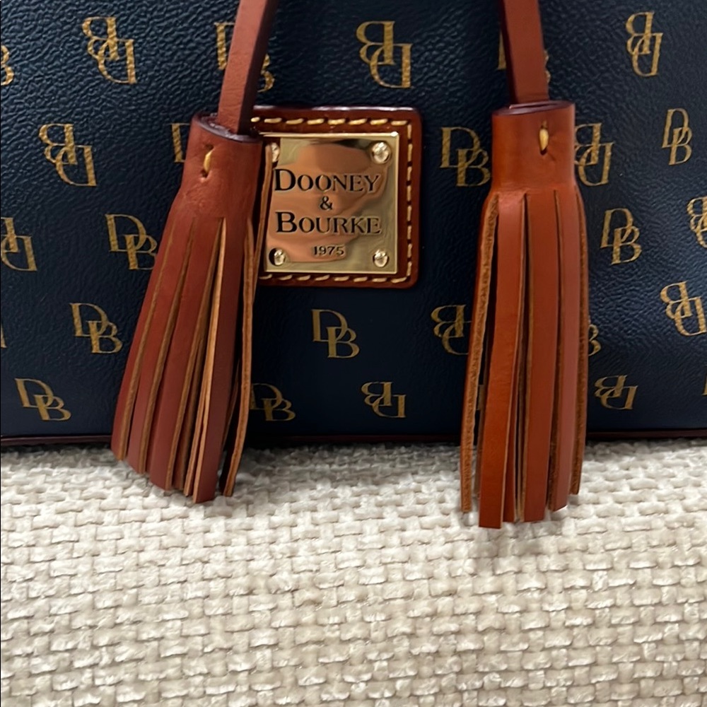 Dooney & Bourke Navy and Brown Drawstring Bucket Shoulder Bag - Picture 3 of 10